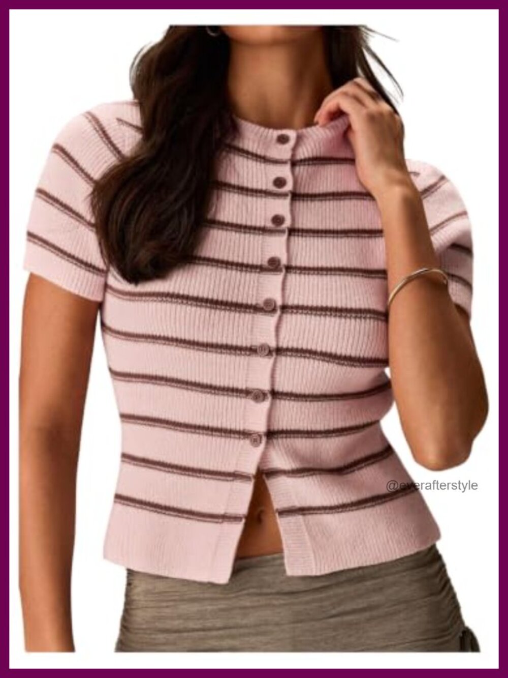 Ribbed Knit Short Sleeve Cardigan Striped Button Up Slim Fit Y2K 90s Top
